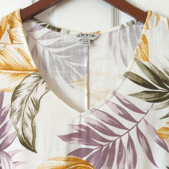 Orvis Tropical Leaf Printed Linen Blend Sleeveless V-neck Mini Dress White Small - Picture 3 of 12